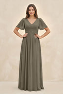 Short Sleeve Chiffon V - Neck A - Line Bridesmaid Dress in Willow Green - KissProm Bridesmaid Dresses