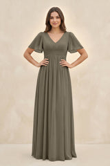 Short Sleeve Chiffon V - Neck A - Line Bridesmaid Dress in Willow Green - KissProm Bridesmaid Dresses