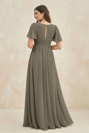 Short Sleeve Chiffon V - Neck A - Line Bridesmaid Dress in Willow Green - KissProm Bridesmaid Dresses