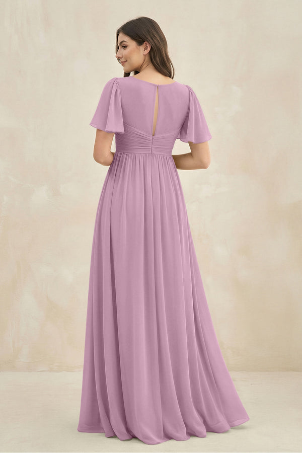 Short Sleeve Chiffon V - Neck A - Line Bridesmaid Dress in Wisteria - KissProm Bridesmaid Dresses