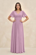 Short Sleeve Chiffon V - Neck A - Line Bridesmaid Dress in Wisteria - KissProm Bridesmaid Dresses