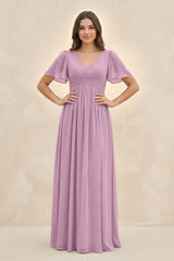Short Sleeve Chiffon V - Neck A - Line Bridesmaid Dress in Wisteria - KissProm Bridesmaid Dresses