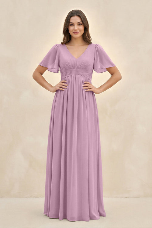 Short Sleeve Chiffon V - Neck A - Line Bridesmaid Dress in Wisteria - KissProm Bridesmaid Dresses