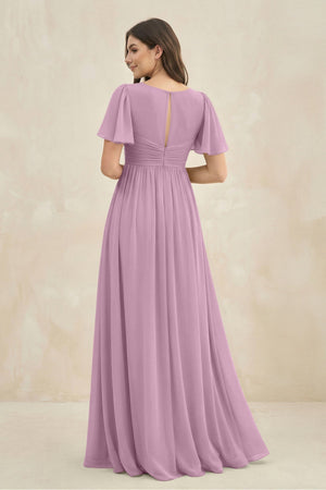 Short Sleeve Chiffon V - Neck A - Line Bridesmaid Dress in Wisteria - KissProm Bridesmaid Dresses