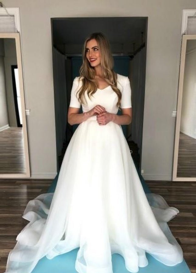 Short Sleeve V - Neck Simpe Pure White Modest Wedding Gown with Long Train - KissProm