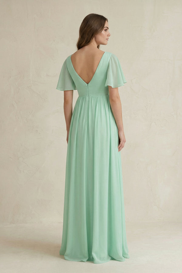 Short Sleeve V-Neck A-Line Chiffon Bridesmaid Dress in Pale Pistachio - KissProm BRIDESMAID DRESSES