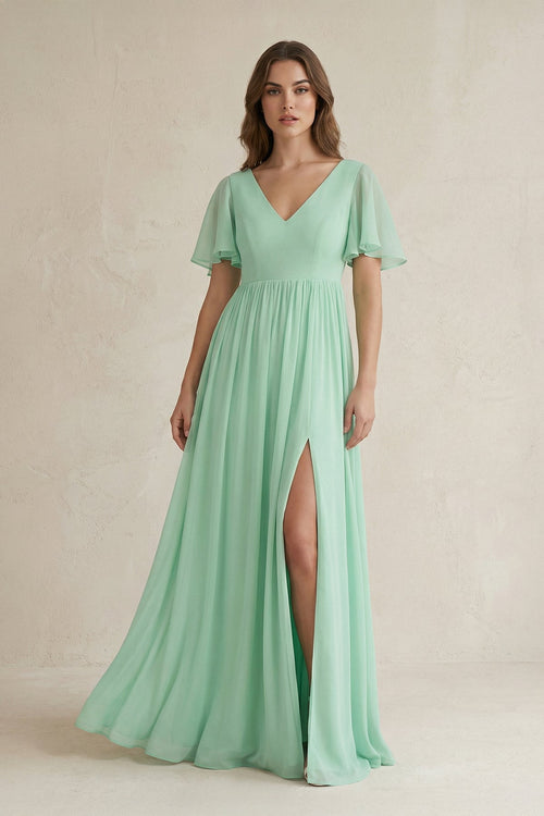 KissProm Short Sleeve V-Neck A-Line Chiffon Bridesmaid Dress in Pale Pistachio, Pale Pistachio / 4