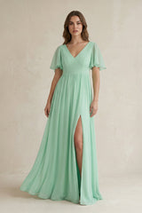 Short Sleeve V-Neck A-Line Chiffon Bridesmaid Dress in Pale Pistachio - KissProm BRIDESMAID DRESSES