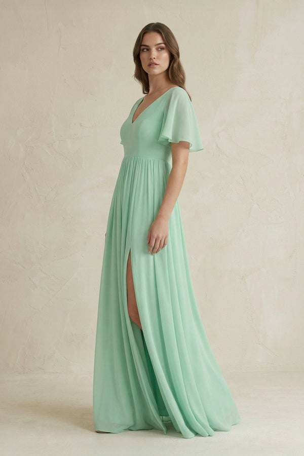 Short Sleeve V-Neck A-Line Chiffon Bridesmaid Dress in Pale Pistachio - KissProm BRIDESMAID DRESSES