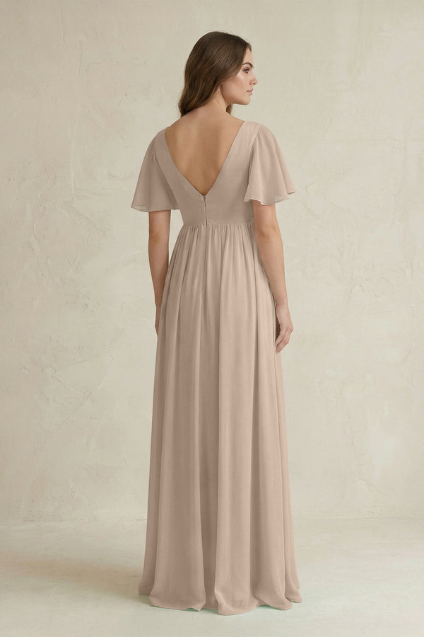 Short Sleeve V - Neck A - Line Chiffon Bridesmaid Dress in Almond - KissProm Bridesmaid Dresses