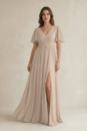 Short Sleeve V - Neck A - Line Chiffon Bridesmaid Dress in Almond - KissProm Bridesmaid Dresses