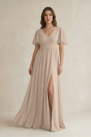 Short Sleeve V - Neck A - Line Chiffon Bridesmaid Dress in Almond - KissProm Bridesmaid Dresses