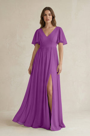 Short Sleeve V - Neck A - Line Chiffon Bridesmaid Dress in Amethyst - KissProm Bridesmaid Dresses