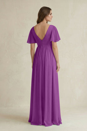 Short Sleeve V - Neck A - Line Chiffon Bridesmaid Dress in Amethyst - KissProm Bridesmaid Dresses