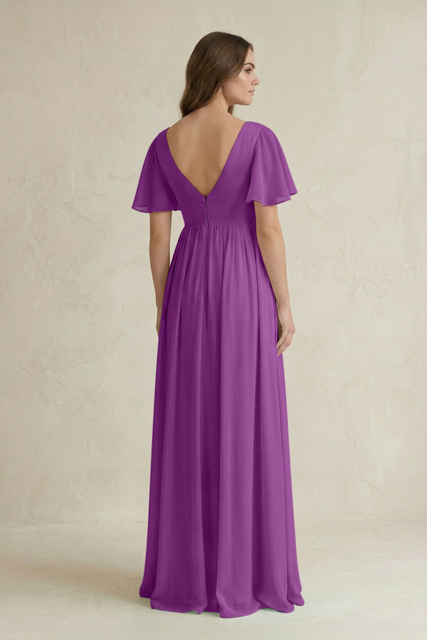 Short Sleeve V - Neck A - Line Chiffon Bridesmaid Dress in Amethyst - KissProm Bridesmaid Dresses