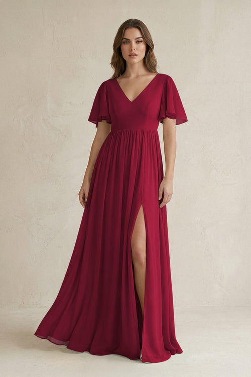KissProm Short Sleeve V-Neck A-Line Chiffon Bridesmaid Dress in Berry, Berry / 14