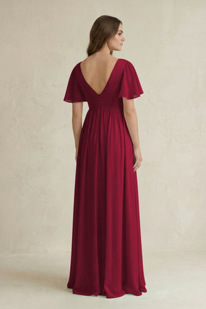 Short Sleeve V - Neck A - Line Chiffon Bridesmaid Dress in Berry - KissProm Bridesmaid Dresses