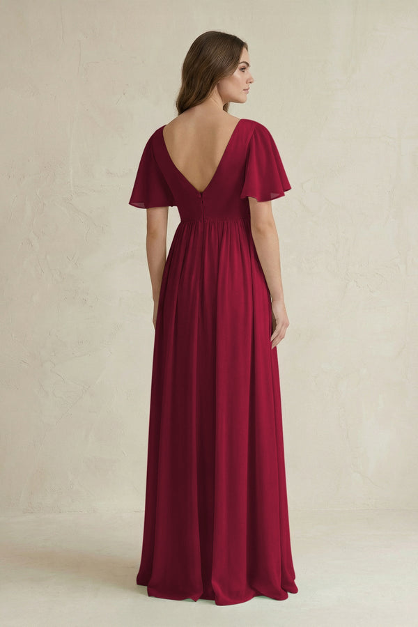 Short Sleeve V - Neck A - Line Chiffon Bridesmaid Dress in Berry - KissProm Bridesmaid Dresses