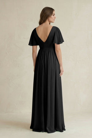 Short Sleeve V - Neck A - Line Chiffon Bridesmaid Dress in Black - KissProm Bridesmaid Dresses