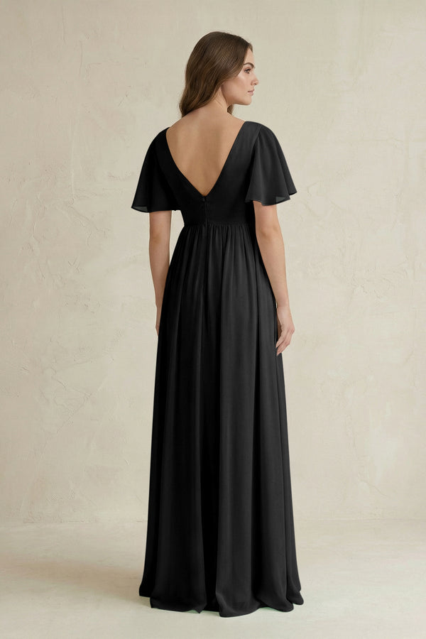 Short Sleeve V - Neck A - Line Chiffon Bridesmaid Dress in Black - KissProm Bridesmaid Dresses