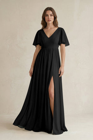 Short Sleeve V - Neck A - Line Chiffon Bridesmaid Dress in Black - KissProm Bridesmaid Dresses