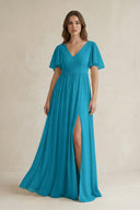 Short Sleeve V - Neck A - Line Chiffon Bridesmaid Dress in Blue Jay - KissProm Bridesmaid Dresses