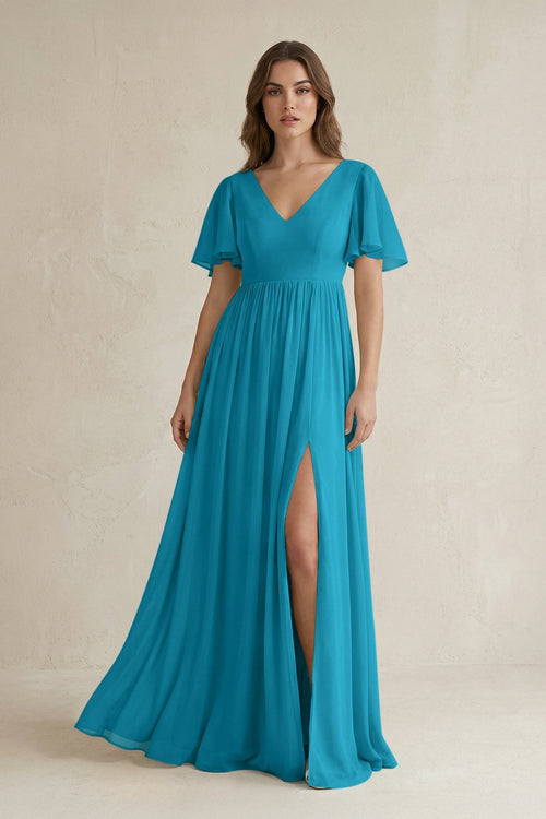 Short Sleeve V - Neck A - Line Chiffon Bridesmaid Dress in Blue Jay - KissProm Bridesmaid Dresses
