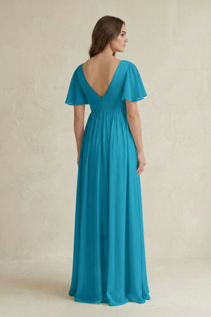 Short Sleeve V - Neck A - Line Chiffon Bridesmaid Dress in Blue Jay - KissProm Bridesmaid Dresses