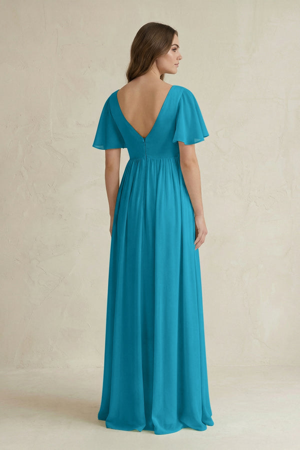 Short Sleeve V - Neck A - Line Chiffon Bridesmaid Dress in Blue Jay - KissProm Bridesmaid Dresses