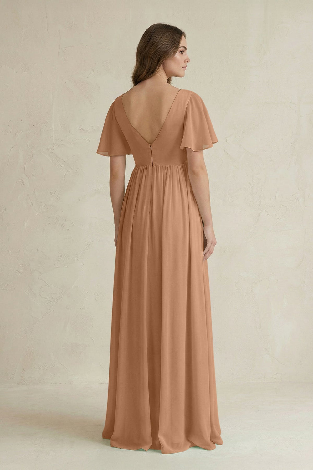 Short Sleeve V - Neck A - Line Chiffon Bridesmaid Dress in Bronzer - KissProm Bridesmaid Dresses