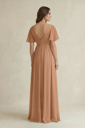 Short Sleeve V - Neck A - Line Chiffon Bridesmaid Dress in Bronzer - KissProm Bridesmaid Dresses