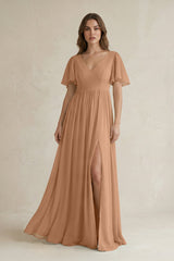 Short Sleeve V - Neck A - Line Chiffon Bridesmaid Dress in Bronzer - KissProm Bridesmaid Dresses