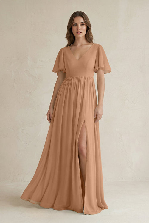 Short Sleeve V - Neck A - Line Chiffon Bridesmaid Dress in Bronzer - KissProm Bridesmaid Dresses