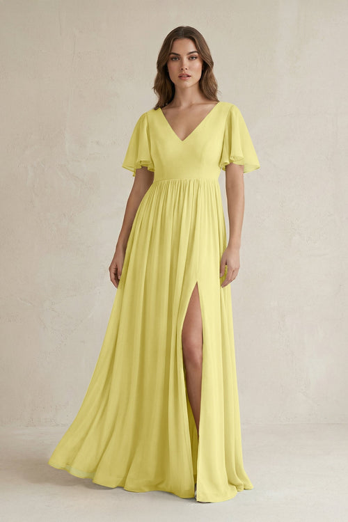 Short Sleeve V - Neck A - Line Chiffon Bridesmaid Dress in Buttercup - KissProm Bridesmaid Dresses