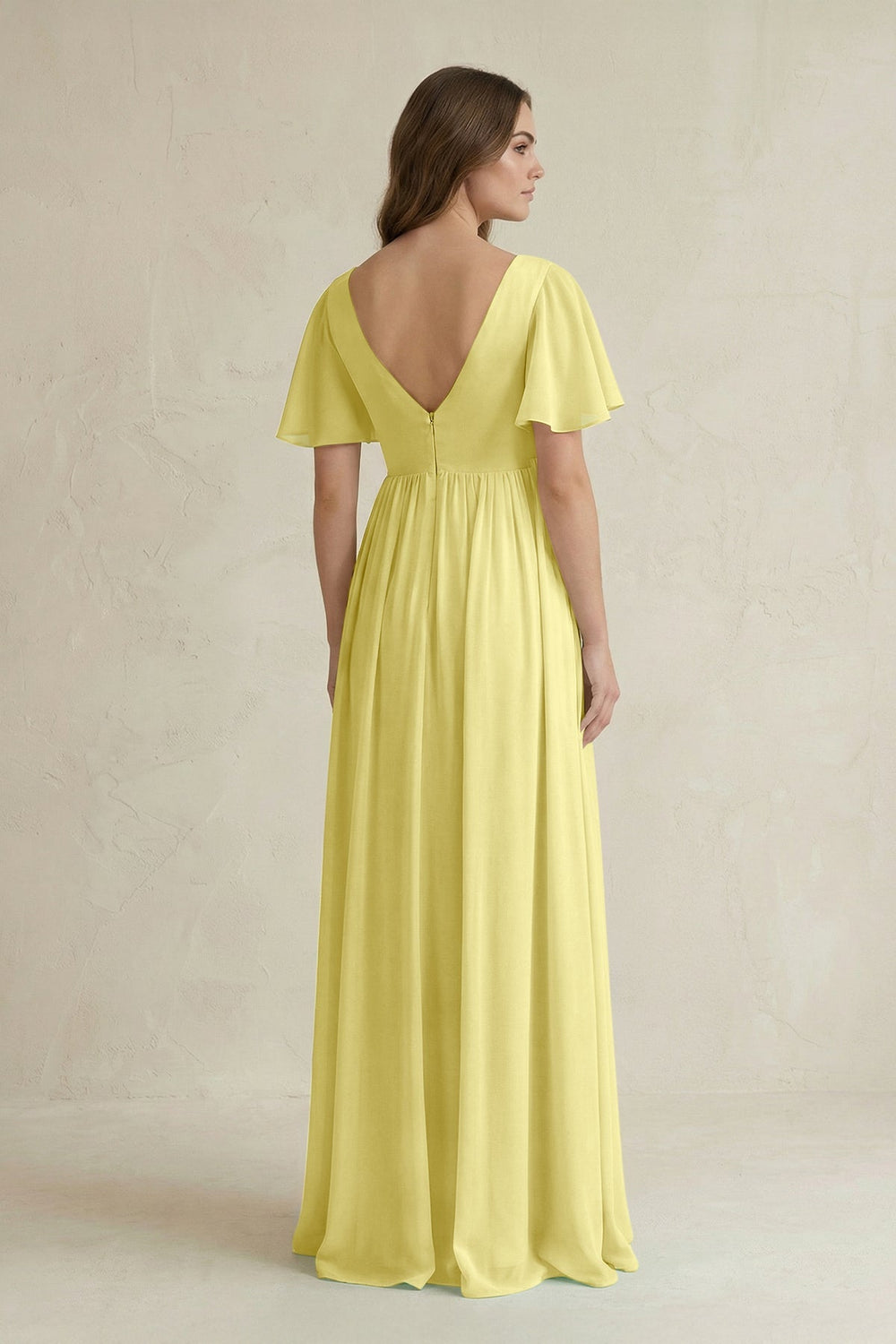 Short Sleeve V - Neck A - Line Chiffon Bridesmaid Dress in Buttercup - KissProm Bridesmaid Dresses