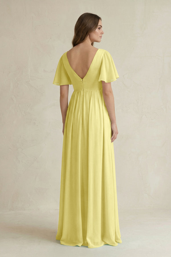 Short Sleeve V - Neck A - Line Chiffon Bridesmaid Dress in Buttercup - KissProm Bridesmaid Dresses