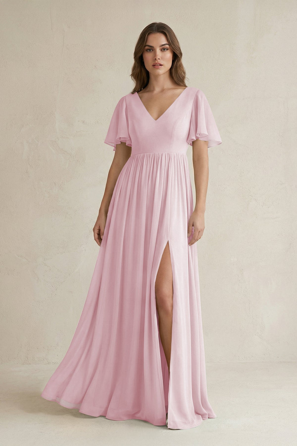 Short Sleeve V - Neck A - Line Chiffon Bridesmaid Dress in Candy Pink - KissProm Bridesmaid Dresses