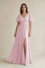 Short Sleeve V - Neck A - Line Chiffon Bridesmaid Dress in Candy Pink - KissProm Bridesmaid Dresses