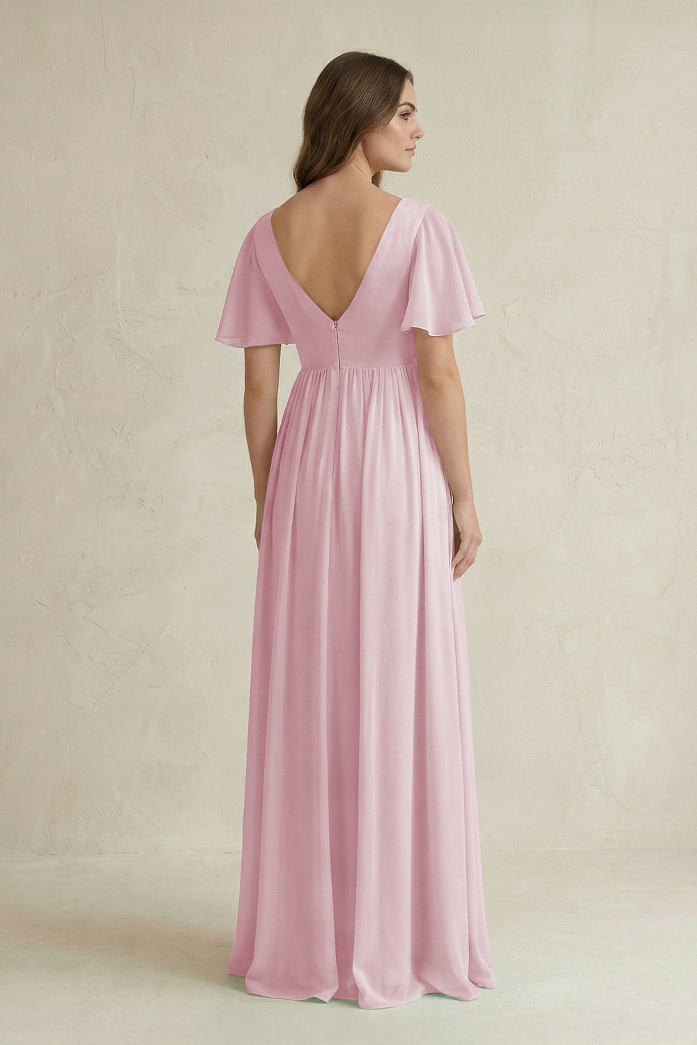 Short Sleeve V - Neck A - Line Chiffon Bridesmaid Dress in Candy Pink - KissProm Bridesmaid Dresses