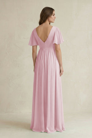Short Sleeve V - Neck A - Line Chiffon Bridesmaid Dress in Candy Pink - KissProm Bridesmaid Dresses