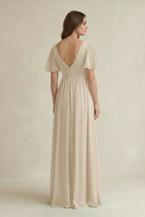KissProm Short Sleeve V-Neck A-Line Chiffon Bridesmaid Dress in Champagne, Champagne / 16