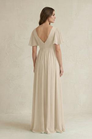 Short Sleeve V - Neck A - Line Chiffon Bridesmaid Dress in Champagne - KissProm Bridesmaid Dresses
