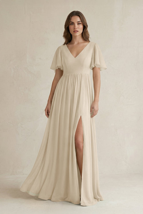 KissProm Short Sleeve V-Neck A-Line Chiffon Bridesmaid Dress in Champagne, Champagne / 16
