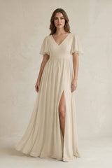 Short Sleeve V - Neck A - Line Chiffon Bridesmaid Dress in Champagne - KissProm Bridesmaid Dresses