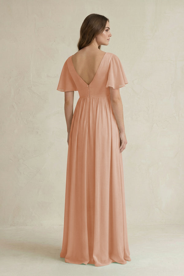 Short Sleeve V - Neck A - Line Chiffon Bridesmaid Dress in Champagne Rose - KissProm Bridesmaid Dresses