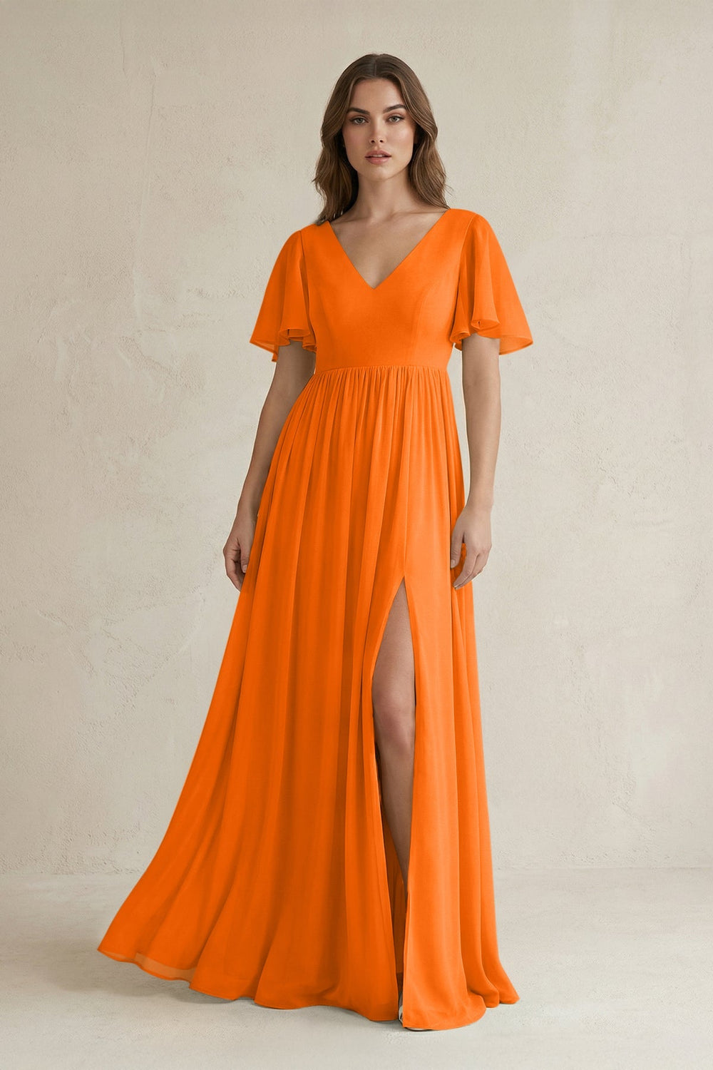 Short Sleeve V - Neck A - Line Chiffon Bridesmaid Dress in Cinnamon - KissProm Bridesmaid Dresses