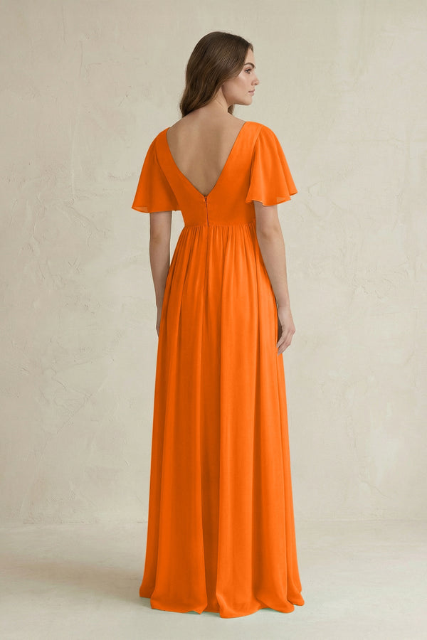 KissProm Short Sleeve V-Neck A-Line Chiffon Bridesmaid Dress in Cinnamon, Cinnamon / 0