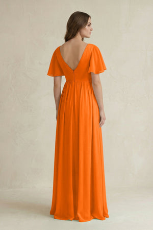 Short Sleeve V - Neck A - Line Chiffon Bridesmaid Dress in Cinnamon - KissProm Bridesmaid Dresses