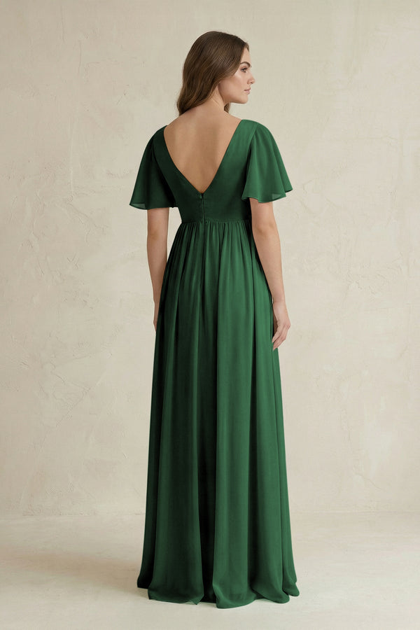 KissProm Short Sleeve V-Neck A-Line Chiffon Bridesmaid Dress in Dark Green, Dark Green / 12