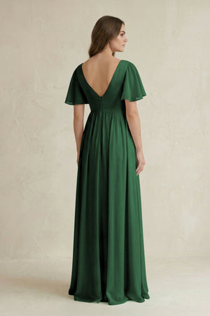 Short Sleeve V - Neck A - Line Chiffon Bridesmaid Dress in Dark Green - KissProm Bridesmaid Dresses